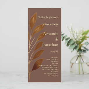 Modern Coffee Brown and Gold Leaf Wedding Program Programme