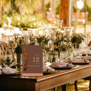 Modern Coffee Brown and Gold Leaf Wedding Table Nu Number