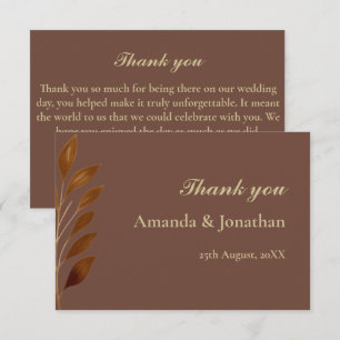 Modern Coffee Brown and Gold Leaf Wedding Thank You Card