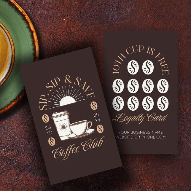 Modern Coffee House Sip & Save Loyalty Business Card (Sip & Save Coffee Loyalty Cards by Busy Business Bee)