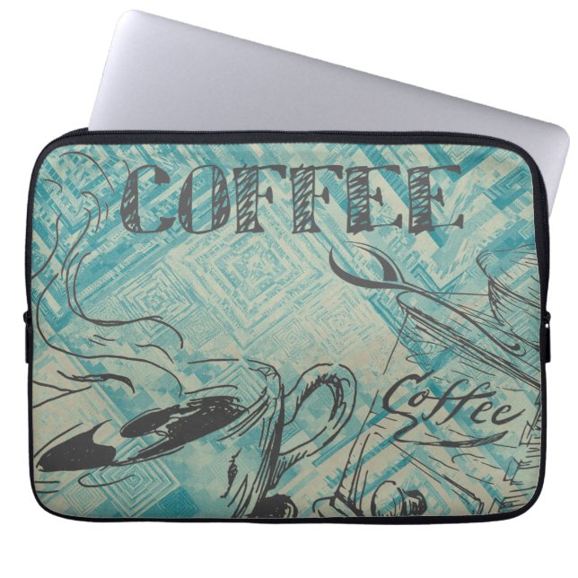 Modern Coffee Lovers Cafe Art Sketch Blue Laptop Sleeve (Front)