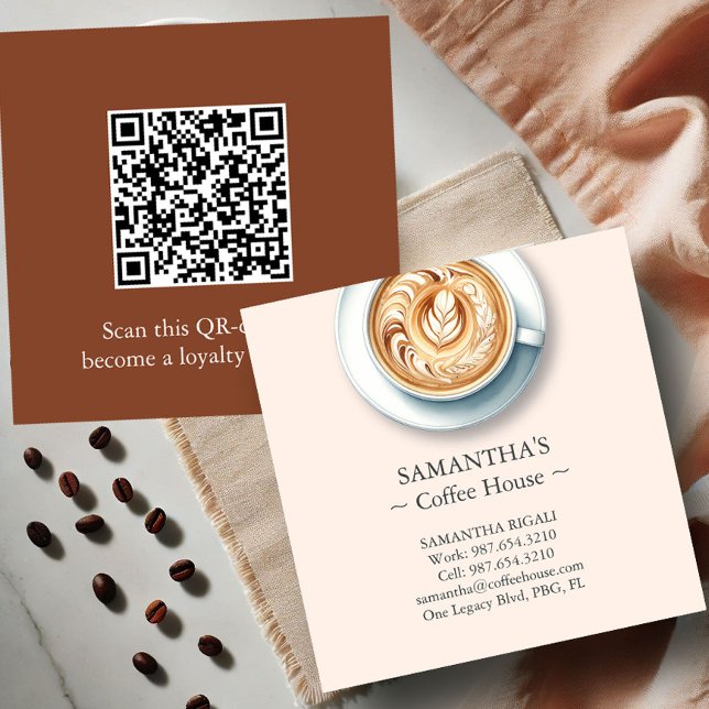 Modern Coffee Shop Professional Business Cards (business cards with qr-code for a coffee shop features an illustration of a latte)