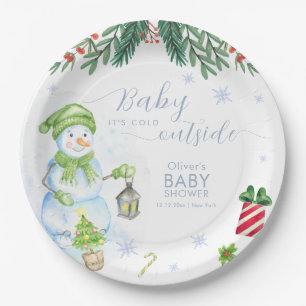 Modern Cold Outside Floral Snowman Baby Shower Paper Plate