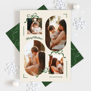 modern collage 4+ photo Bows Green Oval Photo Holiday Card