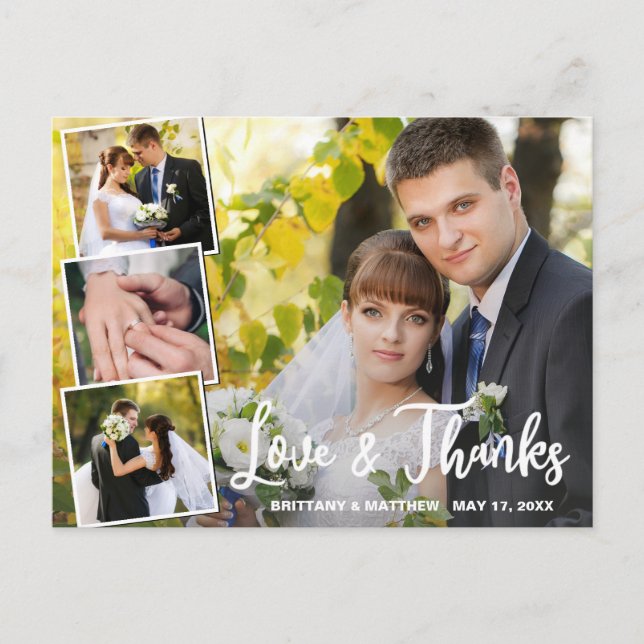 Modern Collage 4 Photo Wedding Thank You Postcard (Front)