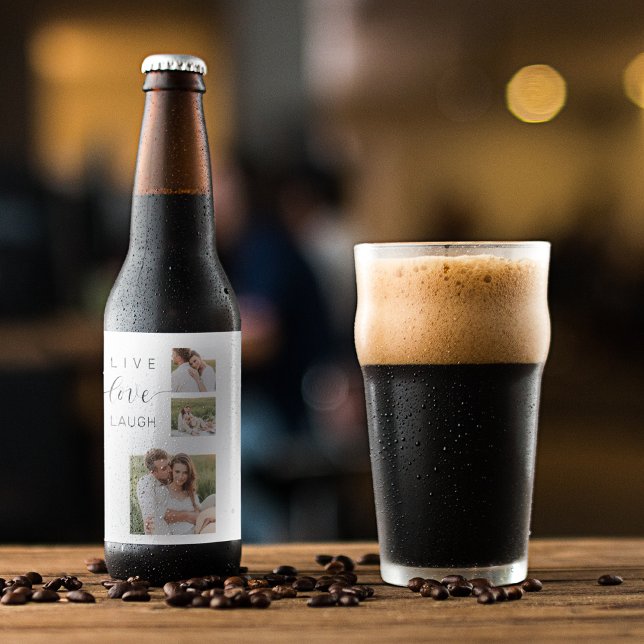 Modern Collage Couple Photo & Live Love Laugh Gift Beer Bottle Label (Creator Uploaded)