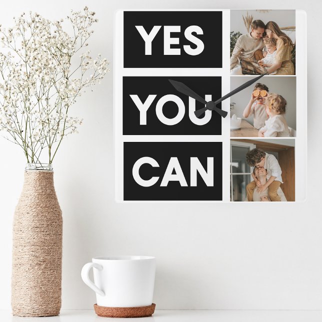 Modern Collage Family Photo & Motivation Quote Square Wall Clock (Creator Uploaded)