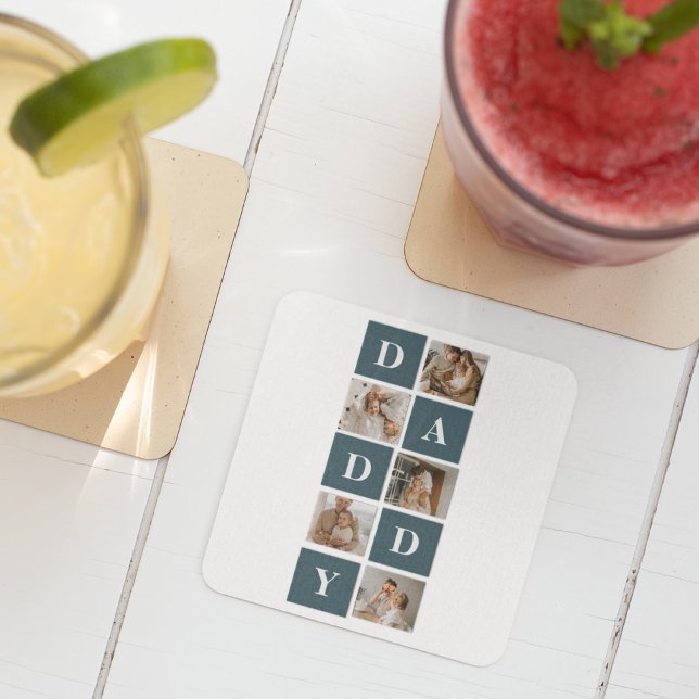 Modern Collage Fathers Photo & Green Daddy Gifts Square Paper Coaster (Creator Uploaded)