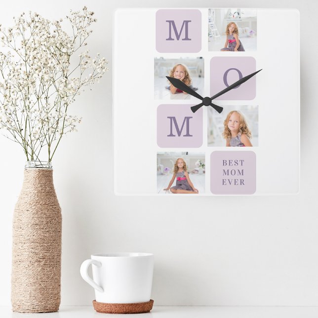 Modern Collage Photo Best Mum Ever Purple Gift Square Wall Clock (Creator Uploaded)