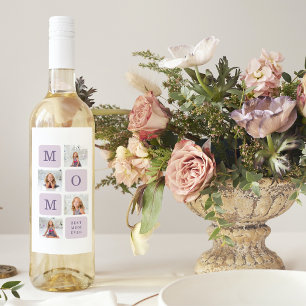 Modern Collage Photo Best Mum Ever Purple Gift Wine Label