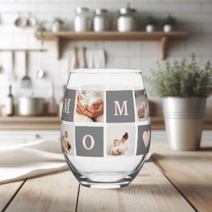 Modern Collage Photo Best Mum  Pink & Grey Gift Stemless Wine Glass