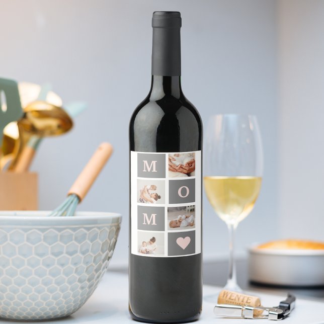 Modern Collage Photo Best Mum  Pink & Grey Gift Wine Label (Creator Uploaded)