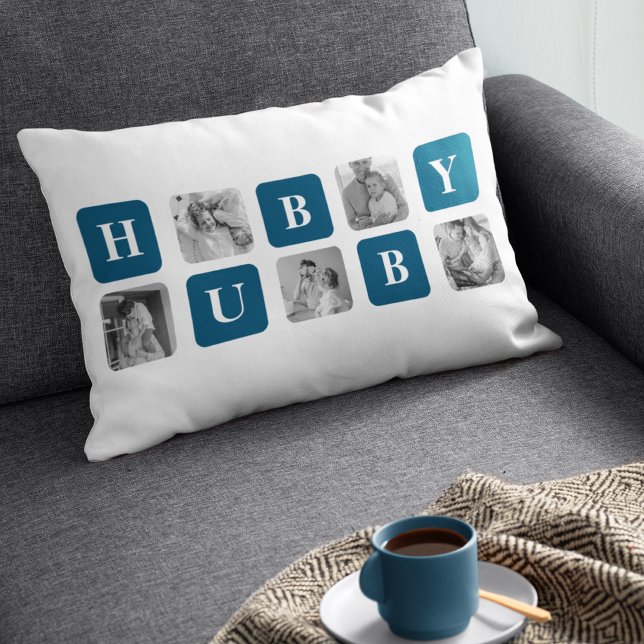 Modern Collage Photo Blue Best Hubby Ever Gift Lumbar Cushion (Creator Uploaded)