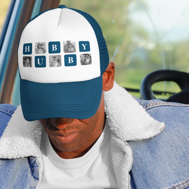 Modern Collage Photo Blue Best Hubby Ever Gift Trucker Hat (Creator Uploaded)