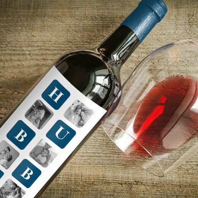 Modern Collage Photo Blue Best Hubby Ever Gift Wine Label (Creator Uploaded)