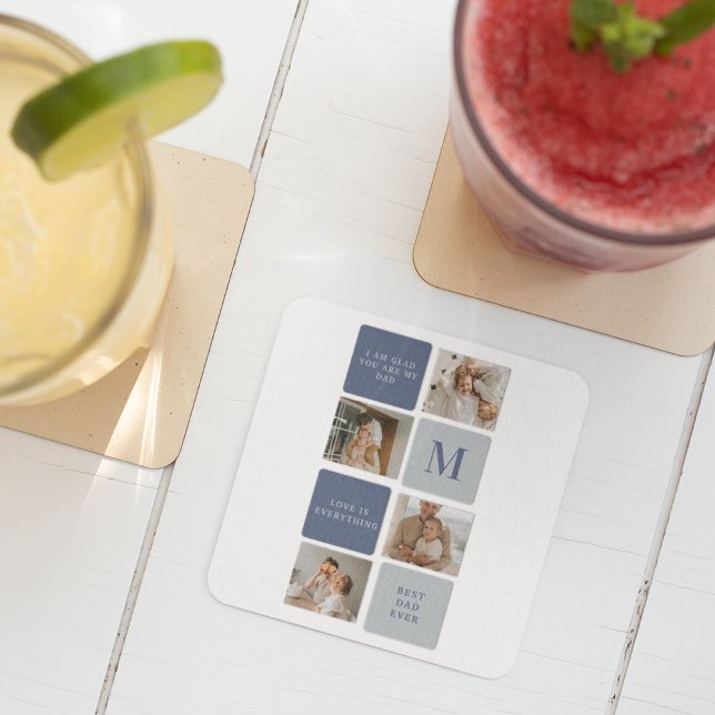 Modern Collage Photo & Blue Happy Fathers Day Gift Square Paper Coaster (Creator Uploaded)