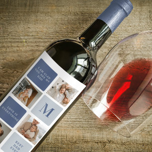 Modern Collage Photo & Blue Happy Fathers Day Gift Wine Label
