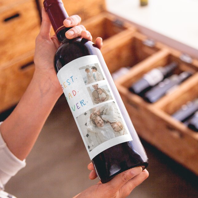Modern Collage Photo Colourful Best Dad Ever Gift Wine Label (Creator Uploaded)