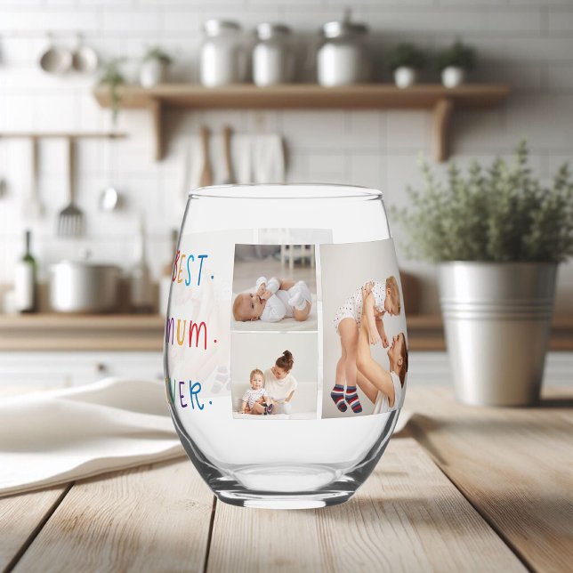 Modern Collage Photo & Colourful Best Mum Ever Gif Stemless Wine Glass (Creator Uploaded)