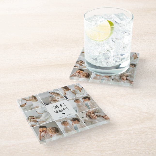 Modern Collage Photo Love You Grandma Best Gift Glass Coaster (Angled)