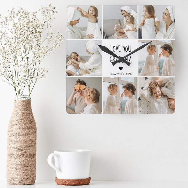 Modern Collage Photo Love You Grandma Best Gift Square Wall Clock (Creator Uploaded)