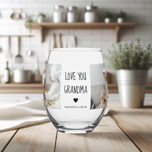 Modern Collage Photo Love You Grandpa Best Gift Stemless Wine Glass (Creator Uploaded)