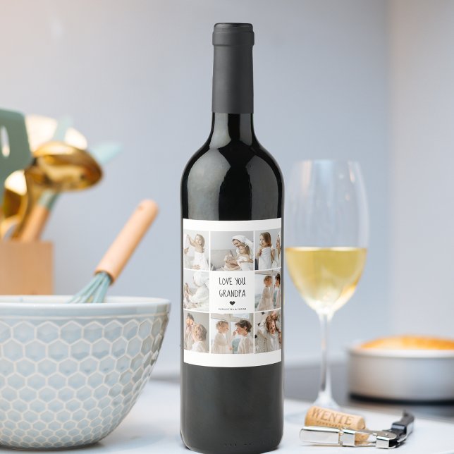 Modern Collage Photo Love You Grandpa Best Gift Wine Label (Creator Uploaded)