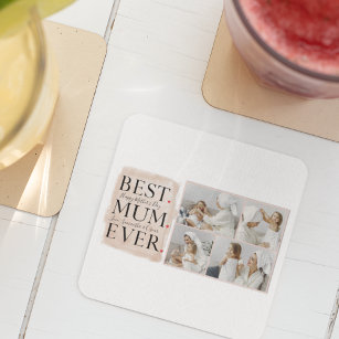 Modern Collage Photo Pink Happy Mothers Day Square Paper Coaster