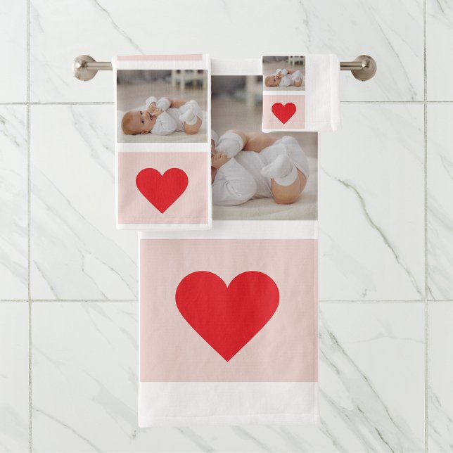 Modern Collage Photo Red & Pink Best Mum Ever Gift Bath Towel Set (Creator Uploaded)
