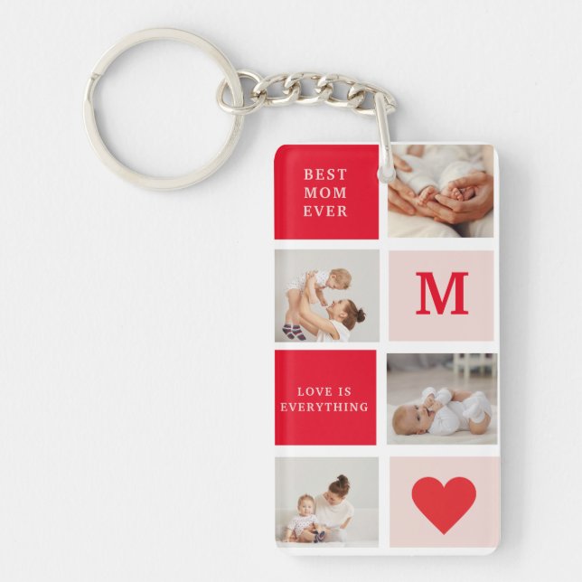 Modern Collage Photo Red & Pink Best Mum Ever Gift Key Ring (Front)