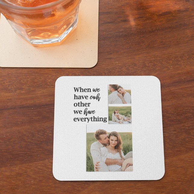 Modern Collage  Photo Romantic Couple Quote Gift Square Paper Coaster (Creator Uploaded)
