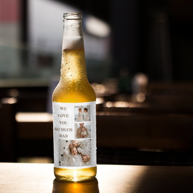 Modern Collage Photo & We Love Dad Gifts Beer Bottle Label (Creator Uploaded)