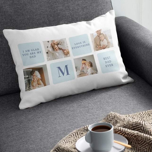 Modern Collage Photos Blue Best Fathers Gift Lumbar Cushion (Creator Uploaded)
