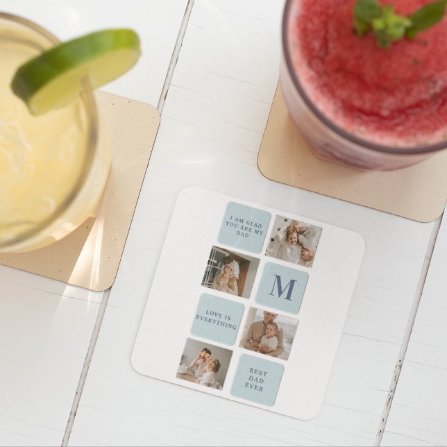 Modern Collage Photos Blue Best Fathers Gift Square Paper Coaster (Creator Uploaded)
