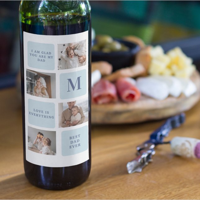 Modern Collage Photos Blue Best Fathers Gift Wine Label (Creator Uploaded)