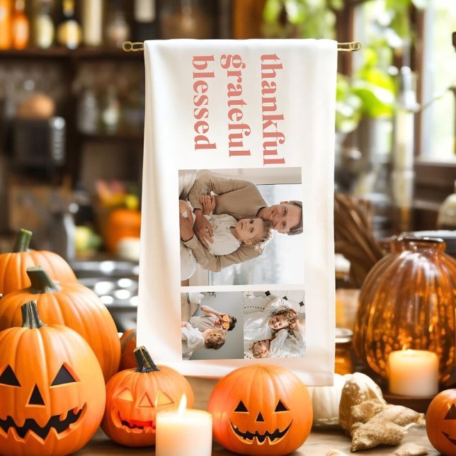 Modern Collage Three Photo | Happy Thanksgiving Tea Towel (Creator Uploaded)