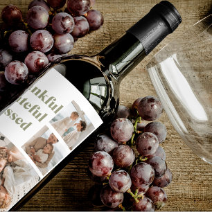 Modern Collage Three Photo   Happy Thanksgiving Wi Wine Label