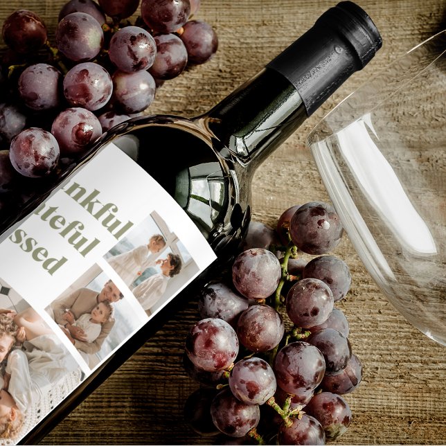 Modern Collage Three Photo | Happy Thanksgiving Wi Wine Label (Creator Uploaded)
