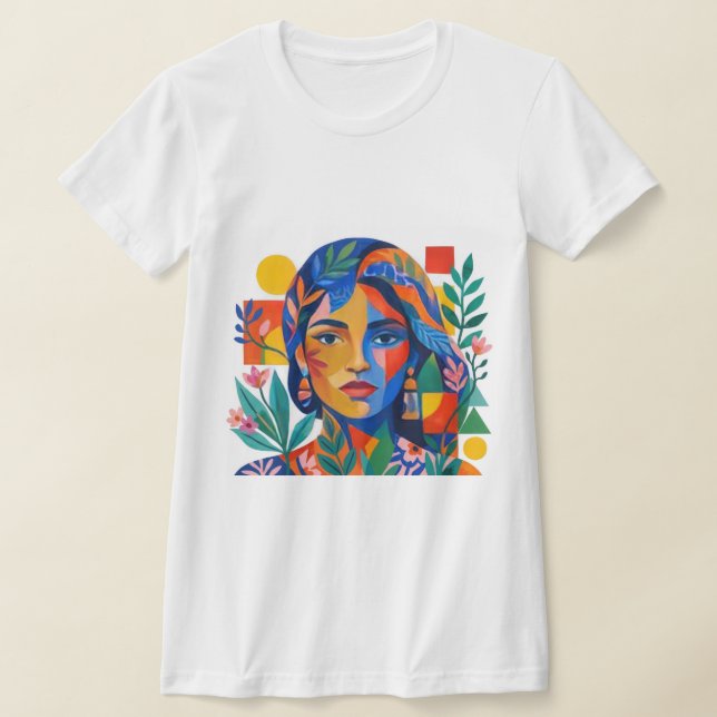 Modern Colorful Abstract Woman Portrait Art T-Shirt (Laydown)