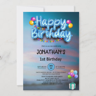 Modern Colorful Balloons 1st Birthday Party  Invitation