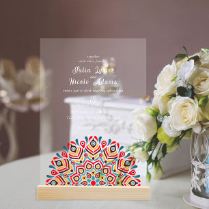 Modern Colorful Boho Ethnic Floral Mandala Wedding Acrylic Invitations