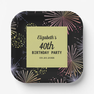 Modern Colorful Fireworks Golden Black Birthday Paper Plate