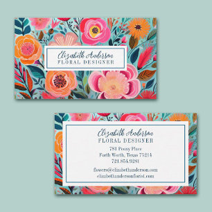 Modern Colorful Flowers Pink Teal Business Card