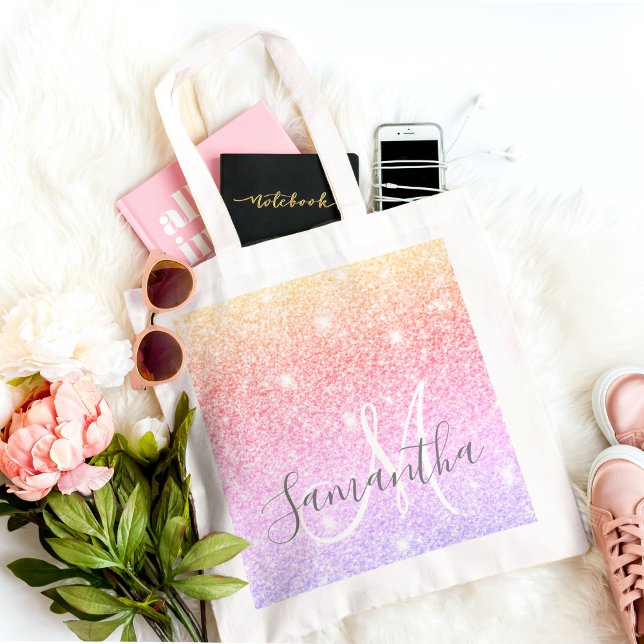 Modern Colorful Glitter Sparkles Personalized Name Tote Bag (Creator Uploaded)
