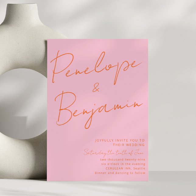 Modern Colorful Handwriting Pink Orange Wedding  Invitation (Creator Uploaded)