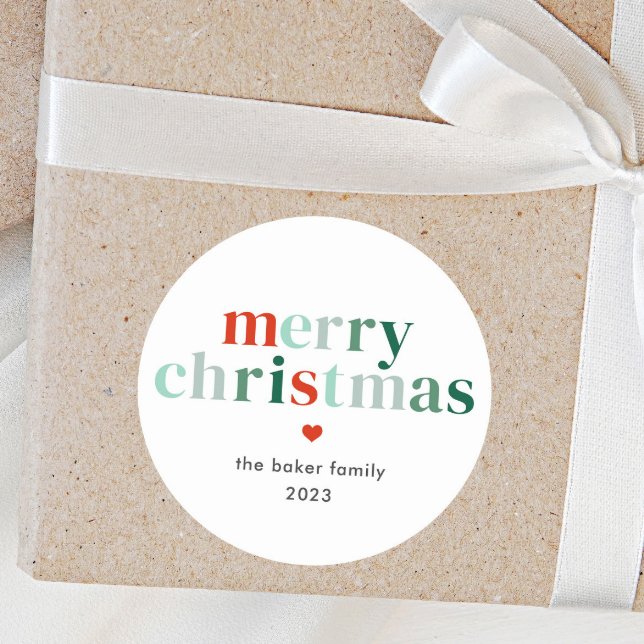 Modern Colorful Merry Christmas Classic Round Sticker (Red and Green Merry Christmas Holiday Gift Tags)