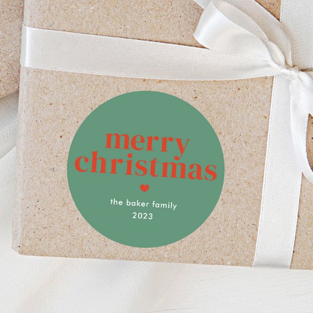 Modern Colorful Merry Christmas Classic Round Sticker (Green and Red Merry Christmas Holiday Gift Tags)