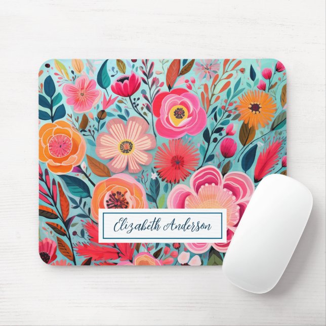 Modern Colorful Pink Flowers Monogram Mouse Pad (With Mouse)
