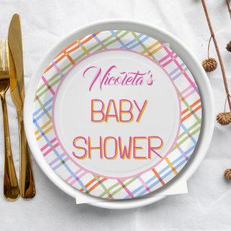 Modern Colorful Plaid Baby Shower Theme Paper Plate