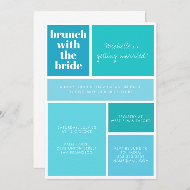 Modern Colour Block Blue Turquoise Bridal Shower Invitation (Front/Back)